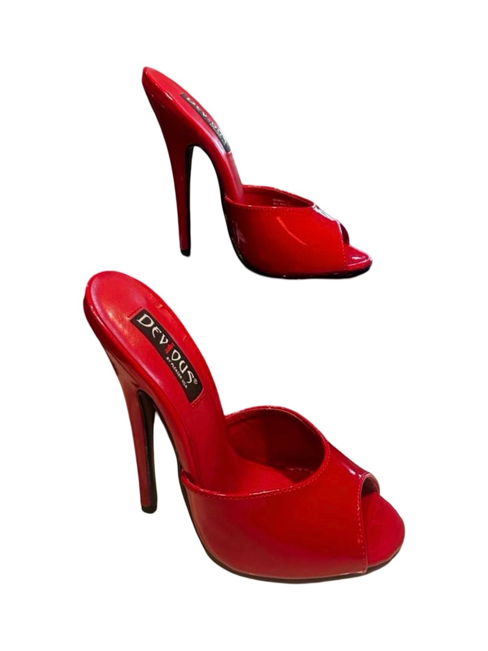 Devious Red Patent Peep-Toe Stiletto Mules